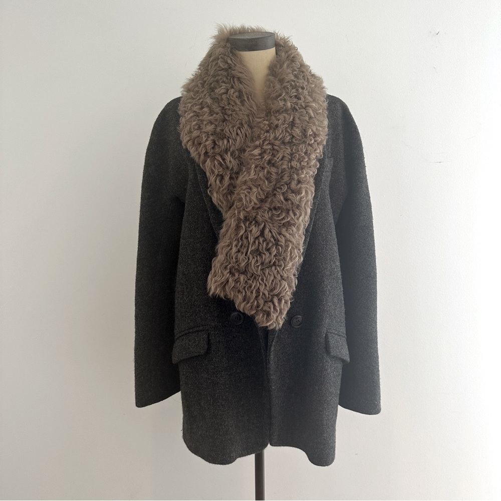 Vanessa Bruno Grey Wool Coat with Lamb Fur Collar Size Size FR36/US4